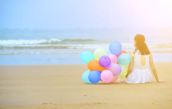 Picture sand, sea, beach, summer, girl, the sun, happiness, balloons