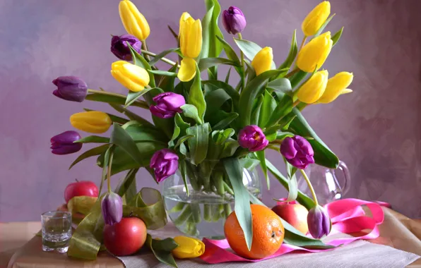 Picture bouquet, tulips, orange, bright, apples