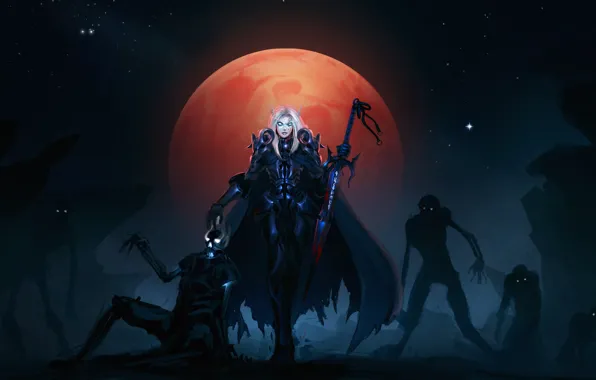 The moon, zombies, knight, wow, undead, death, blood elf, bloody