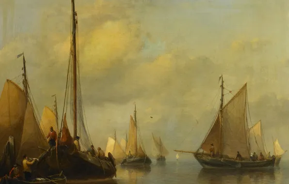 Picture trees, oil, picture, sail, Fishing Boats. Calm Sea, Anthonie Waldorp