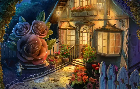 Picture light, flowers, Windows, art, house, gnome