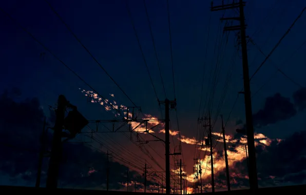 The sky, clouds, sunset, posts, wire, art, kibunya 39