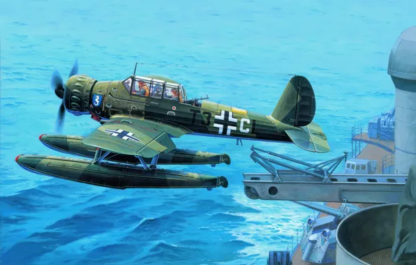Picture ship, art, military, catapult, German, single-engine, WW2, Arado Ar 196