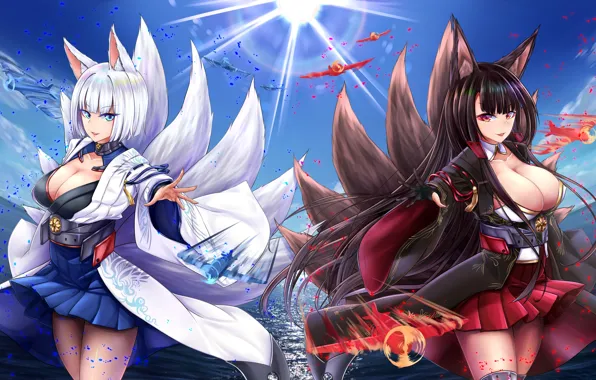 Kawaii, sky, fox, aircraft, big, war, anime, cloud