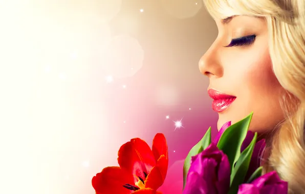 Girl, flowers, eyelashes, spring, tulips, profile