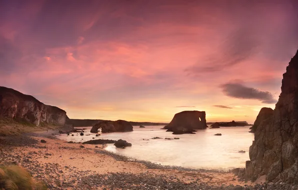 Sea, sunset, stones, rocks, shore, Irish Coasts, Elephant Rock