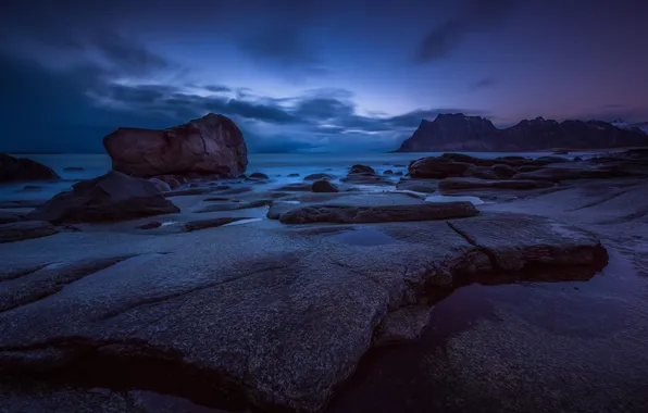 Landscape, night, the ocean, rocks