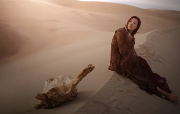 Sand, girl, pose, desert, dress, brunette, dunes, costume