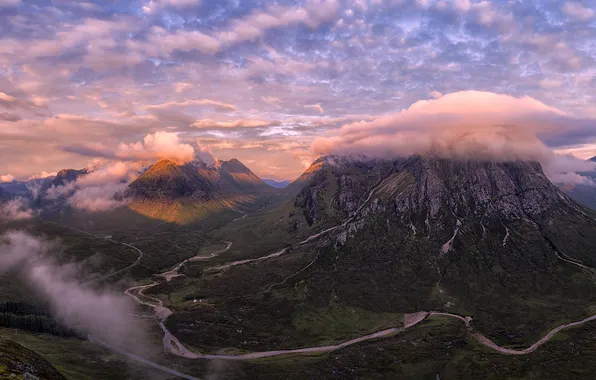 Road, the sky, clouds, mountains, fog, blue, the slopes, tops