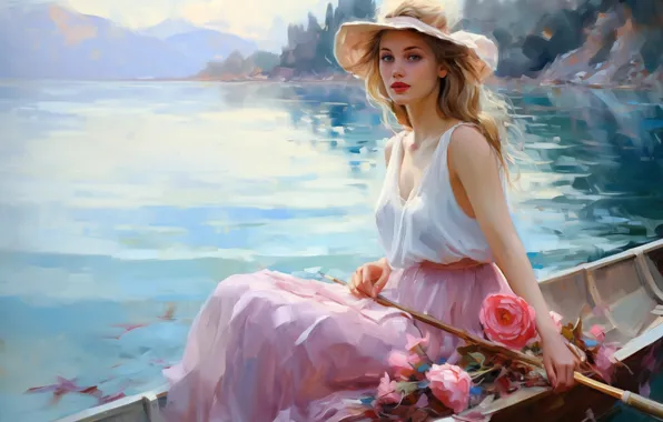 Chest, summer, look, water, girl, flowers, mountains, lake