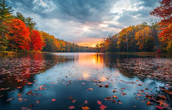 Autumn, forest, the sky, clouds, trees, sunset, lake, pond