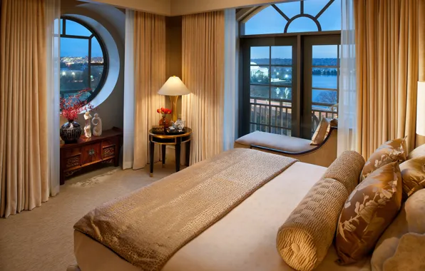 Design, style, room, view, Windows, bed, interior, the evening