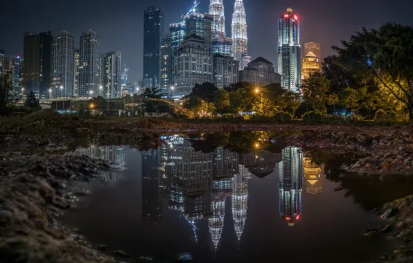 Picture the city, reflection, building, the evening, puddle, lighting, skyscrapers, skyscrapers