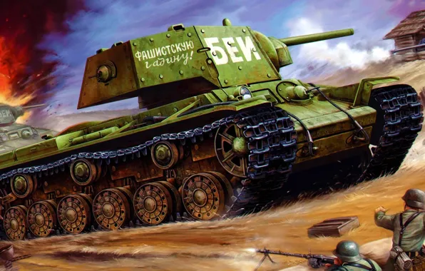 War, art, painting, tank, WW2, KV-1