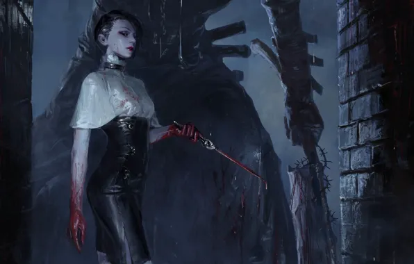Picture girl, night, Gothic, blood, figure, fantasy, art, knife