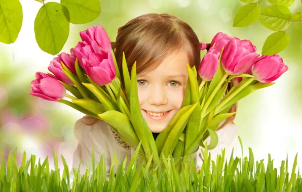Picture grass, leaves, flowers, branches, smile, bouquet, girl, tulips