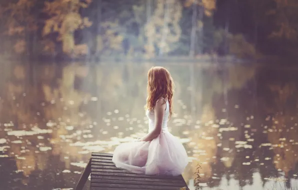 Autumn, water, girl, nature, blur, dress, redhead