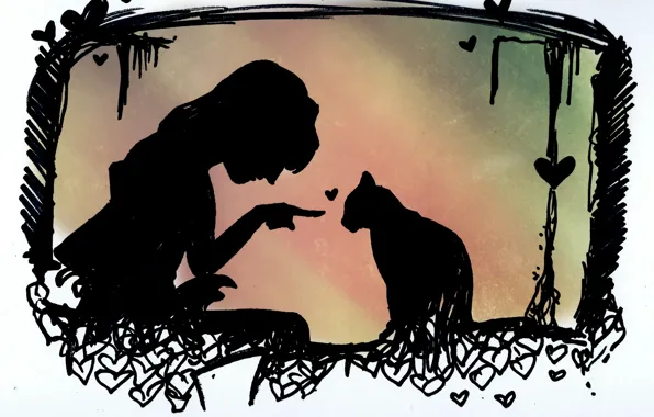 Picture cat, girl, animal, silhouettes, heart