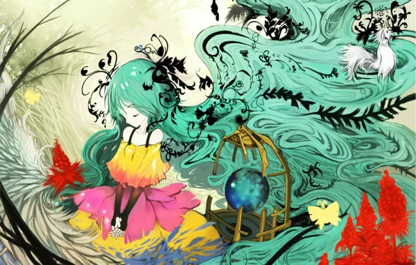 Picture butterfly, plant, cell, dress, vocaloid, hatsune miku, long hair, closed eyes