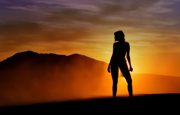 Girl, light, sunset, background, color, silhouette