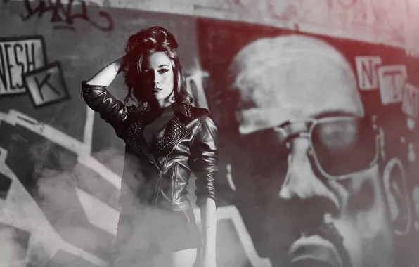 Look, girl, face, graffiti, hair, black and white, leather jacket