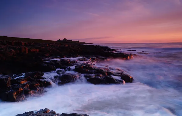 Picture ocean, cloud, sunrise, dunstanburgh