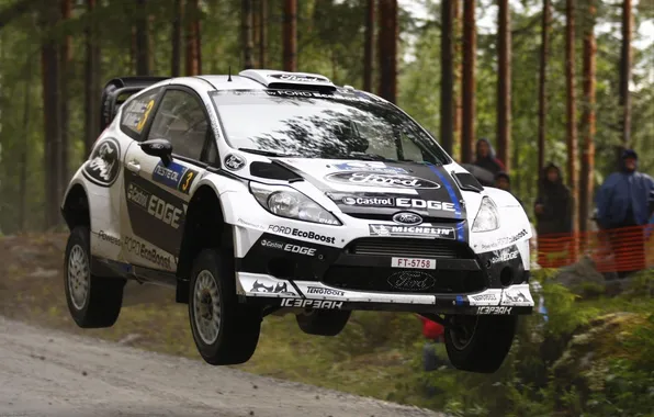 Picture white, trees, jump, Ford, Ford, WRC, the front, Rally