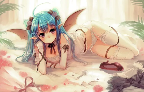 Girl, tape, wings, stockings, gloves, blush, solo, pointy ears