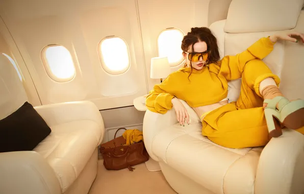 Pose, style, portrait, glasses, hairstyle, outfit, lies, brown hair