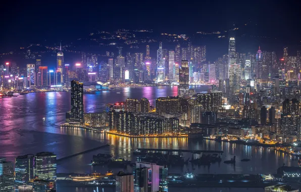 The sky, reflection, mountains, night, the city, lights, river, view