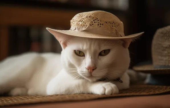 Cat, white, cat, look, pose, the dark background, portrait, hat