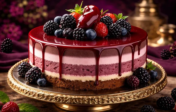 Picture berries, table, strawberry, cake, gold plated, cream, dessert, stand