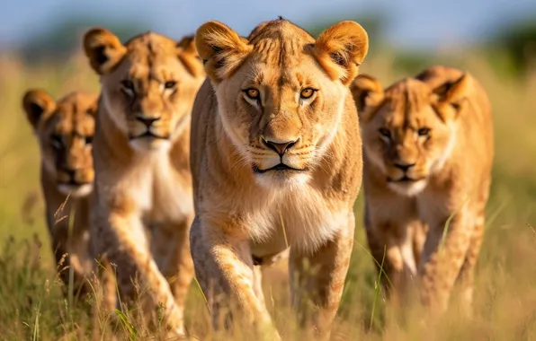 Field, grass, look, face, light, team, company, lioness