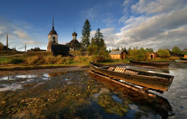 Lake, boat, temple, the village, Arkhangelsk oblast, Lekshmozero