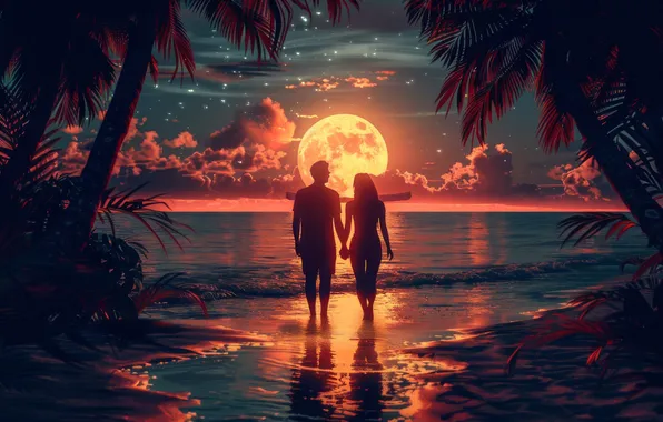 Beach, palm trees, the ocean, the moon, moon, moonlight, beach, ocean