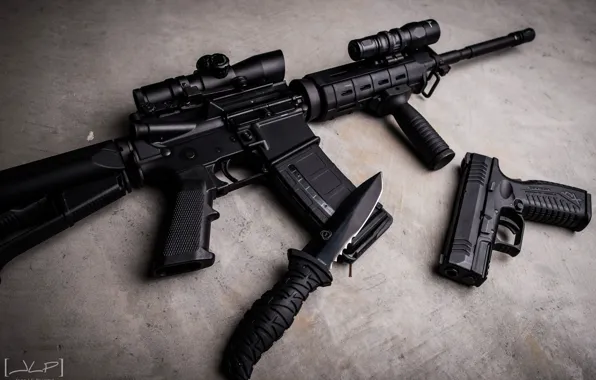 Gun, black, knife, machine, concrete, assault rifle, Ar-15, kit