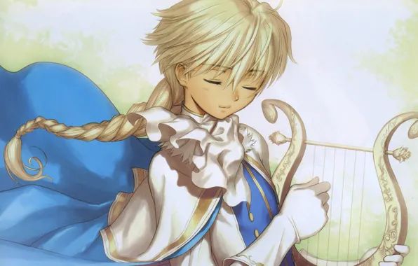 Harp, gloves, braid, cloak, art, shining wind, closed eyes, tony taka