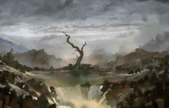 Picture clouds, river, stones, tree, waterfall, art, painted landscape