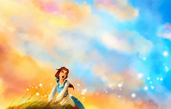 The sky, grass, girl, redhead, sings
