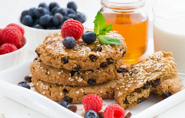 Picture raspberry, honey, mint, sesame, blueberries, raisins, oatmeal cookies