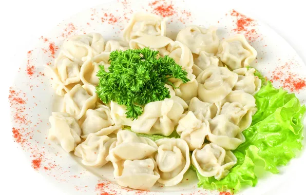 Greens, plate, salad, dumplings, garnish, red pepper, meat dumplings, garnish