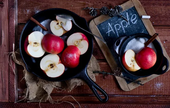 Picture apples, sugar, pan
