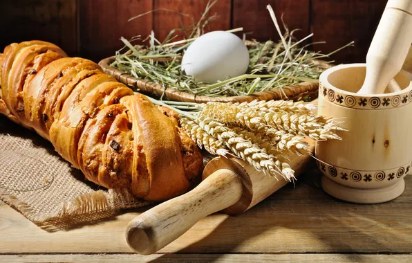 Picture table, basket, egg, bread, ears, mortar, rolling pin