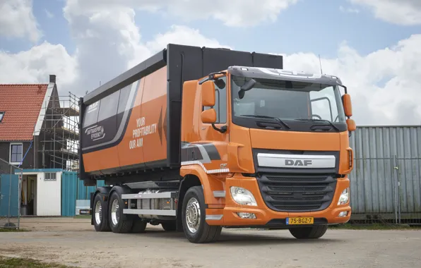 Orange, house, body, DAF, DAF, dump truck, 6x2, platform