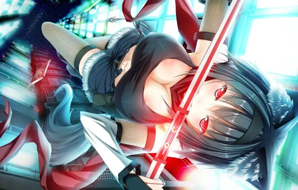 Girl, weapons, sword, ninja, animal ears, fall