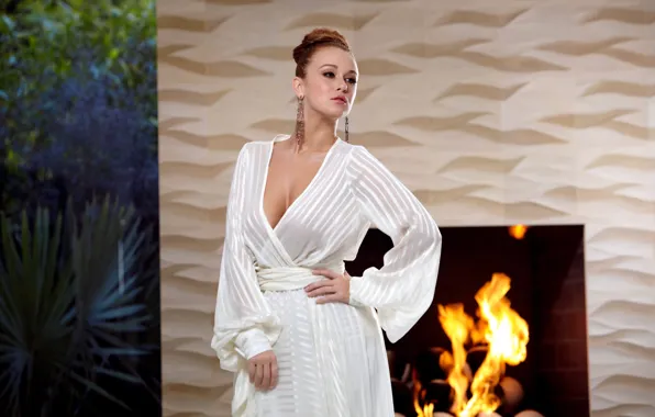 Girl, woman, model, bokeh, fireplace, female, Leanna Decker, robe