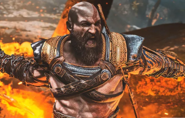 God of war, weapon, kratos, snow, blow, man, boy, blade