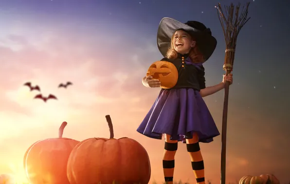 Sunset, hat, girl, Halloween, pumpkin, bat, girl, Halloween