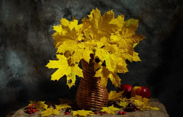 Autumn, leaves, berries, the dark background, table, apples, bouquet, yellow