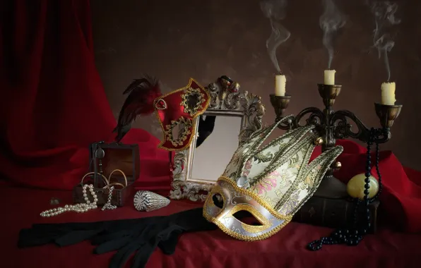 Picture pen, candles, necklace, mirror, mask, gloves, box, still life